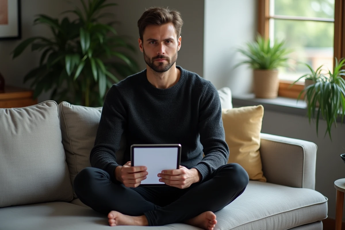 Personne accédant à une plateforme financière d'entreprise sur tablette depuis son domicile