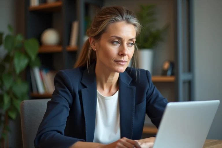 Femme professionnelle connectée à un portail intranet d'entreprise depuis son bureau à domicile
