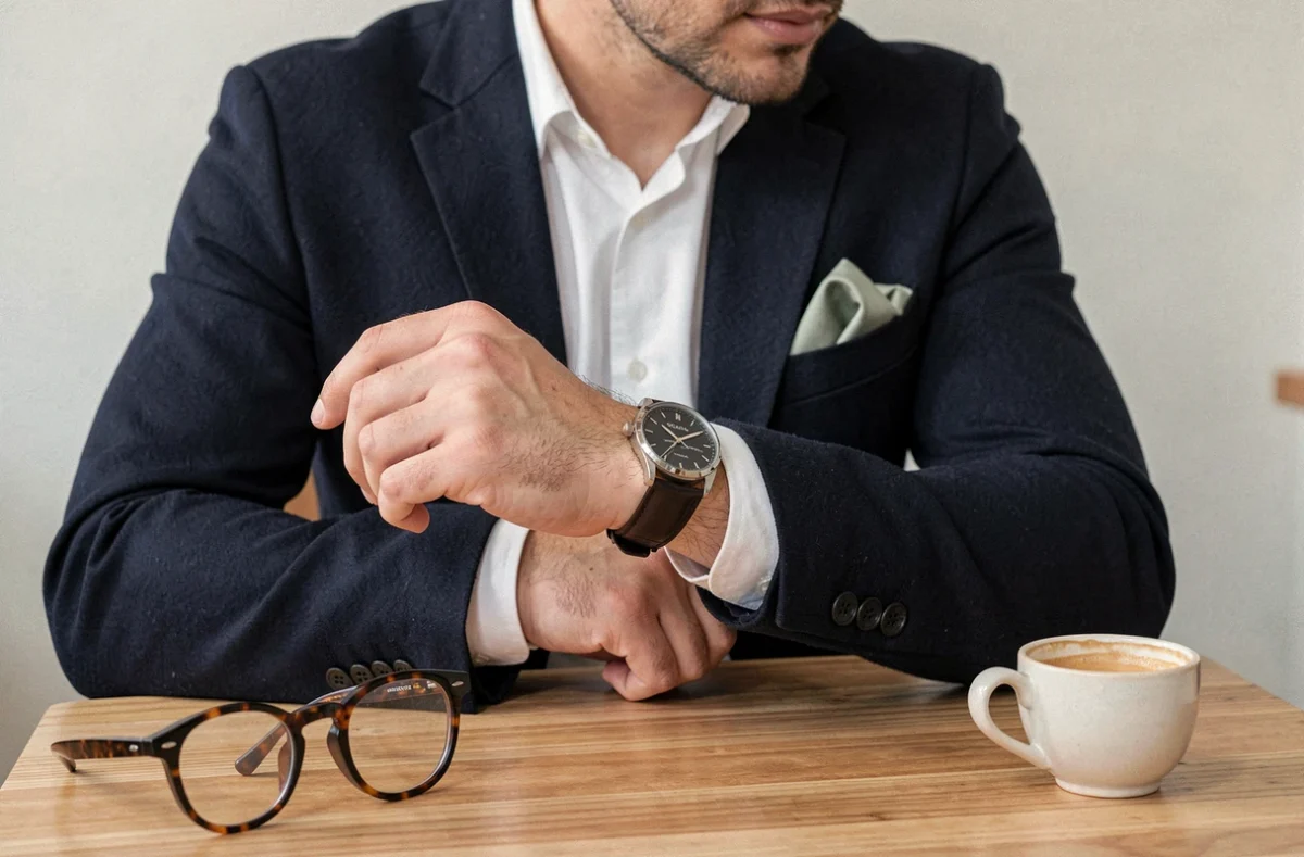 Homme en blazer marine réglant une montre en cuir dans un café minimaliste avec accessoires de mode discrets