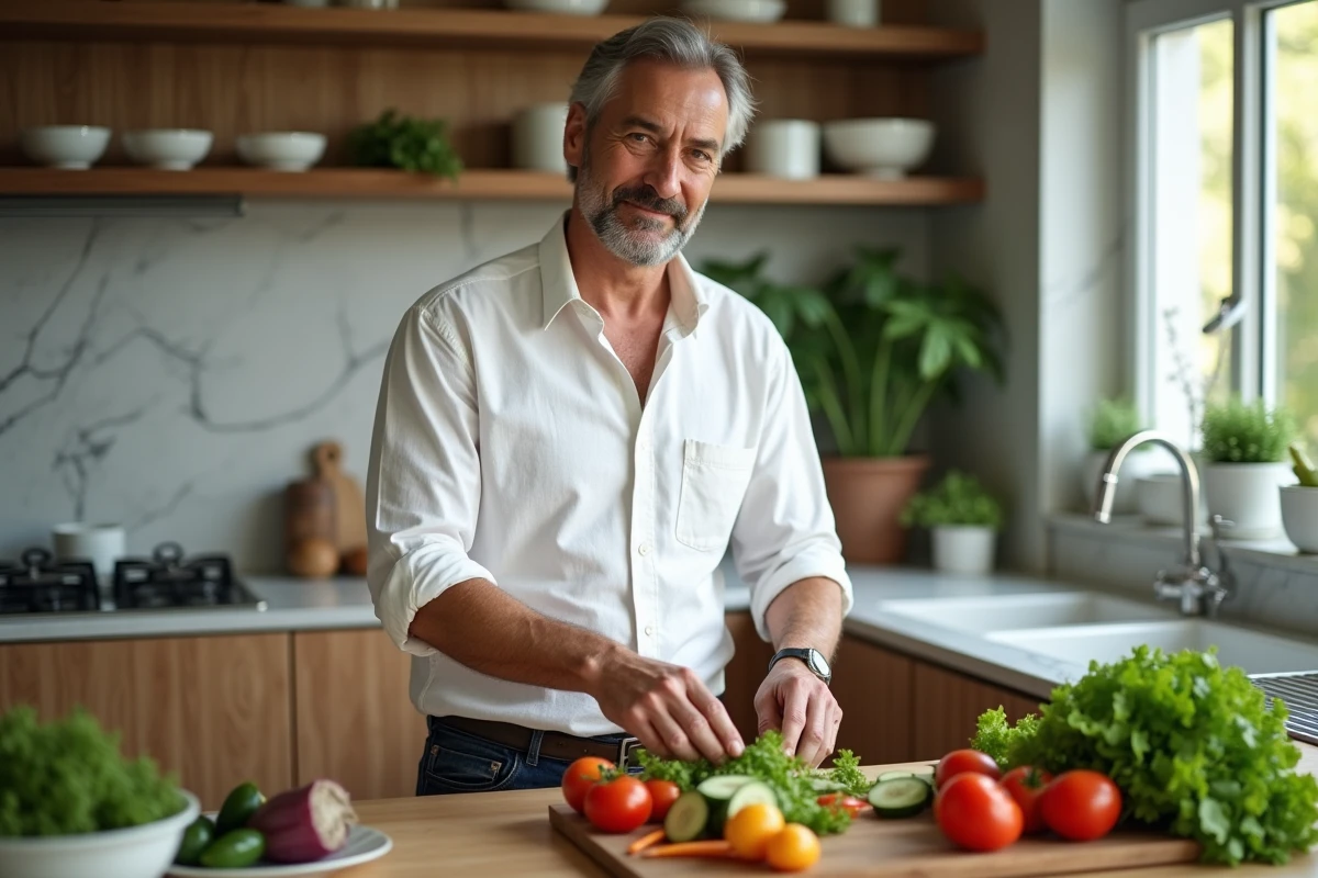 Homme préparant une salade fraîche et équilibrée dans une cuisine moderne dans le cadre d'une alimentation saine au quotidien
