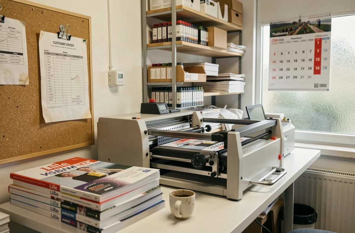 Machine à relier et commandes imprimées dans l'atelier d'une imprimerie disponible le dimanche à Lille