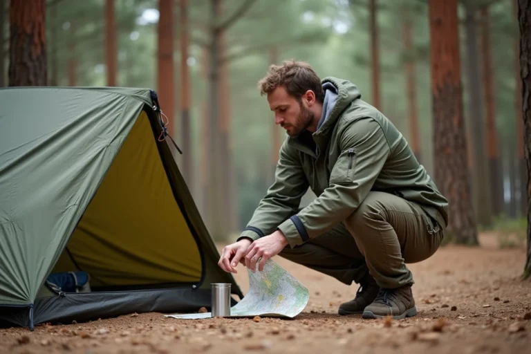 Homme installant un bivouac sous les pins des Landes avec tente légère et matériel de randonnée sur sol sablonneux