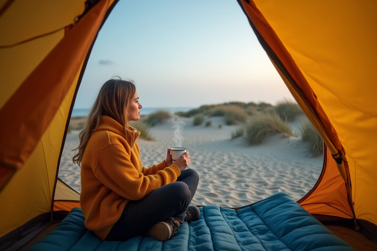 Femme assise devant une tente de bivouac sur les dunes des Landes au crépuscule avec vue sur l'Atlantique