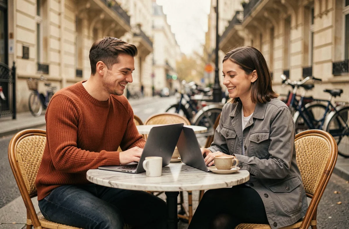 Deux jeunes entrepreneurs collaborant autour d'ordinateurs portables en terrasse de café parisien