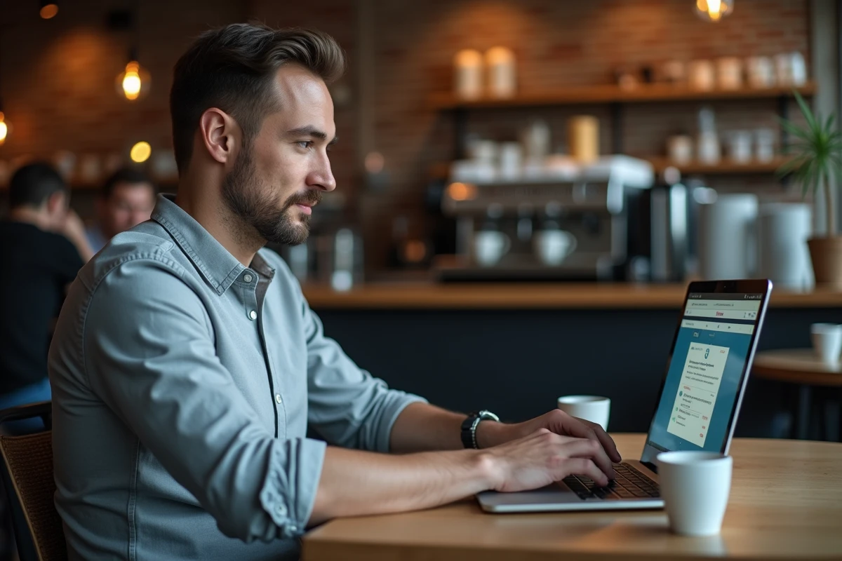 Homme utilisant un VPN pour accéder à une application bancaire d'entreprise depuis un café