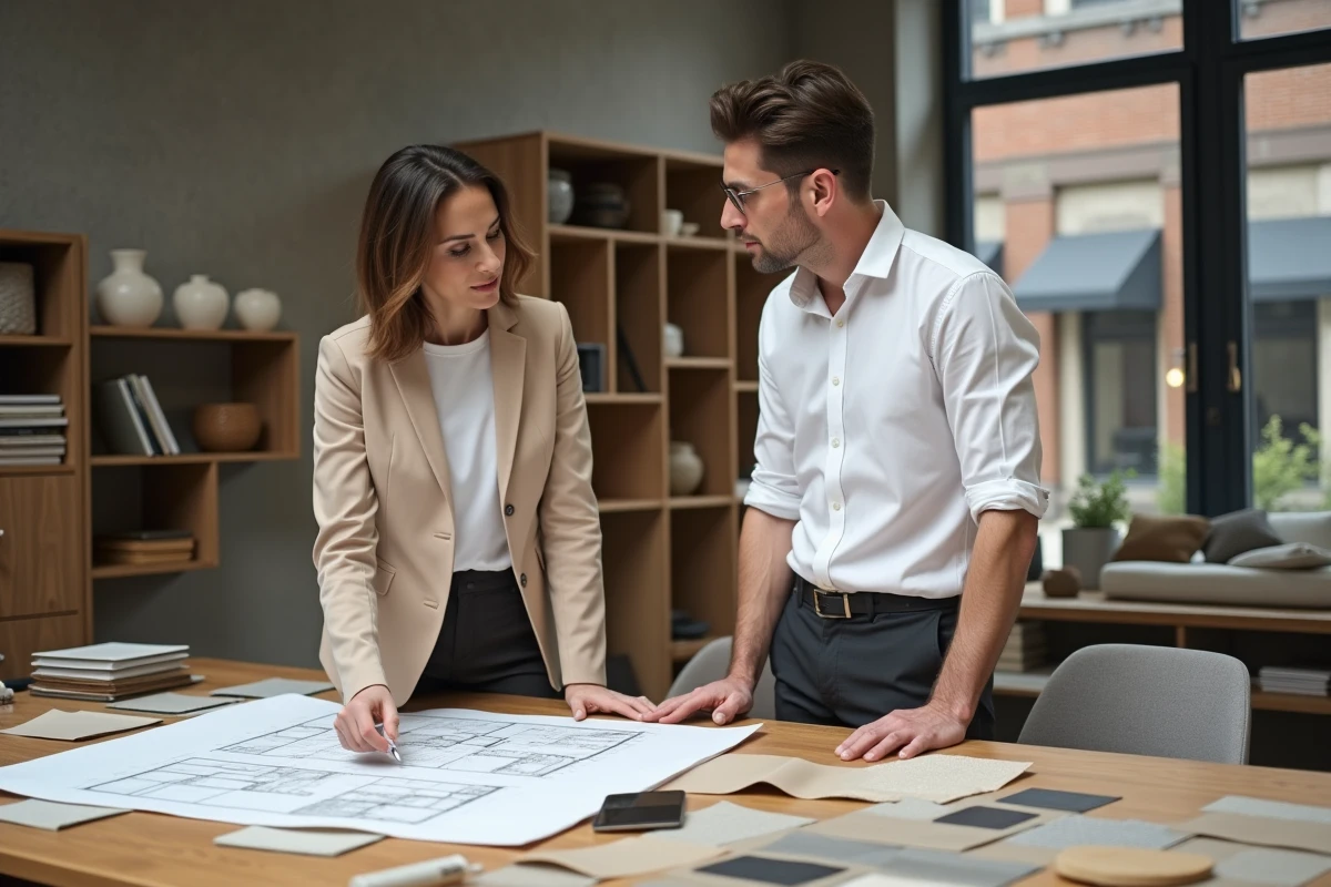 Consultante en architecture intérieure et designer discutant de plans et d'échantillons de matériaux dans un studio de conception professionnel