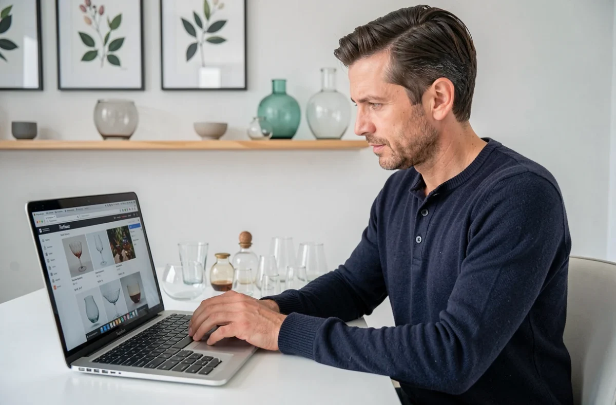 Homme consultant un catalogue en ligne de verrerie Portieux sur ordinateur portable avec des pièces de collection posées sur le bureau