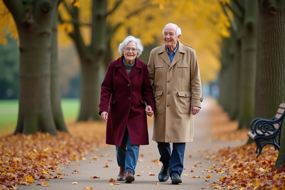 Couple de personnes âgées se promenant dans un parc français en automne, représentant le vieillissement de la population française
