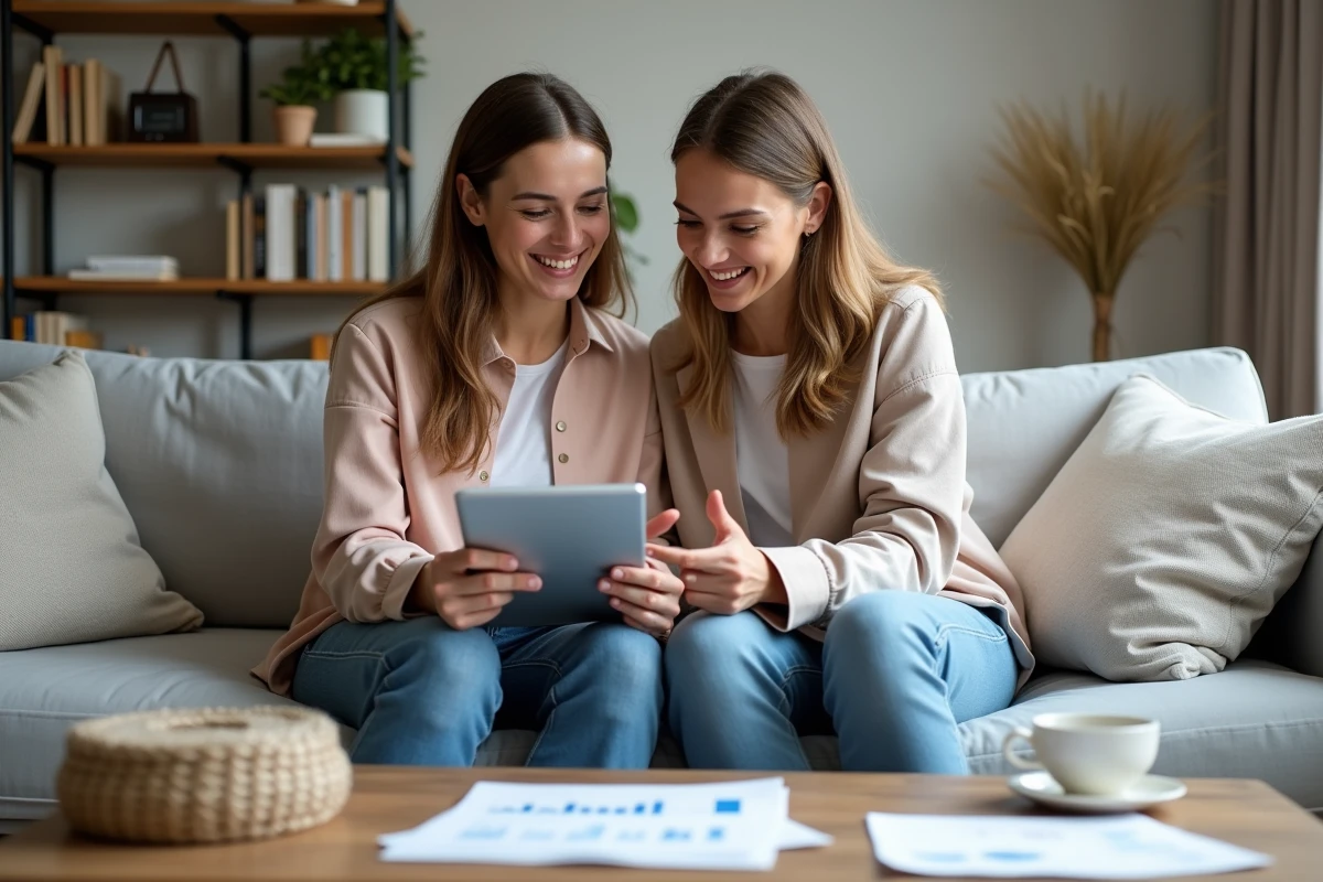 Couple gérant ensemble leur budget familial sur canapé avec des relevés bancaires et une tablette numérique