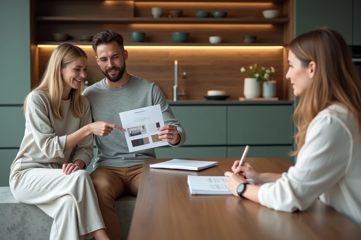 Couple consultant une architecte d'intérieur autour d'un tableau de matériaux dans un showroom de cuisine contemporain