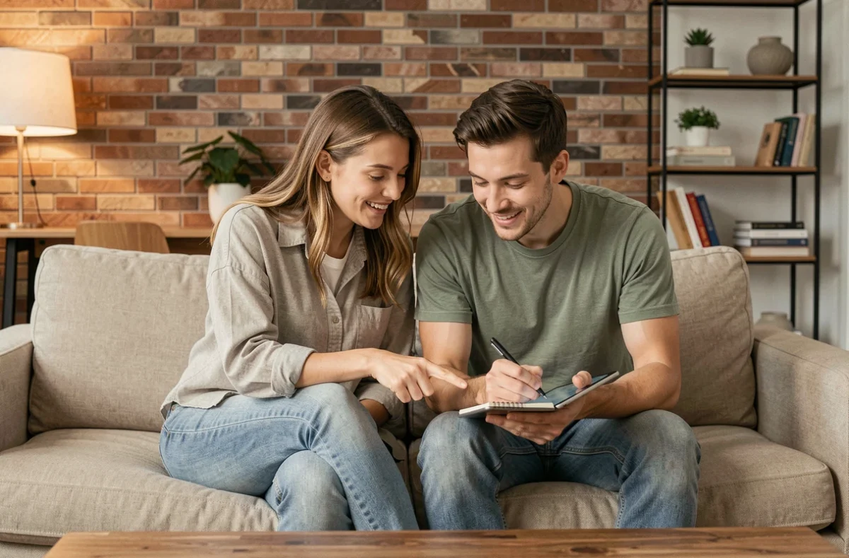 Couple consultant une solution de crédit rapide en ligne sur une tablette dans leur salon