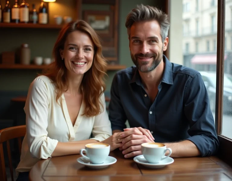 Un couple de la quarantaine partageant un moment complice autour d'un café dans un bistrot parisien vintage, illustrant une belle histoire d'amour discrète et authentique