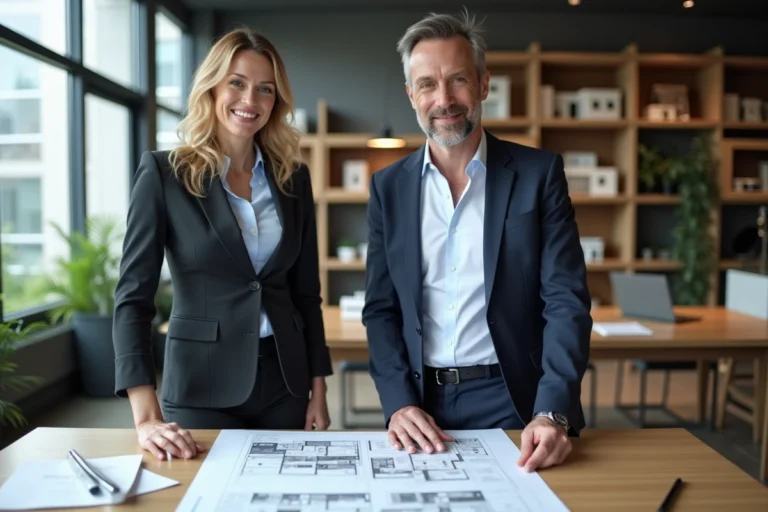 Couple confiant dans un bureau immobilier moderne