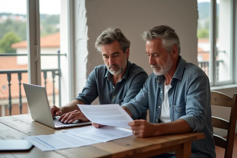 Couple français discutant de documents immobiliers dans un appartement