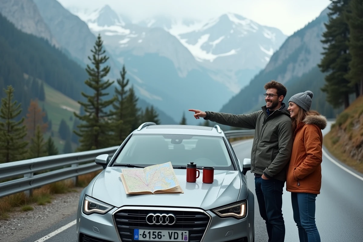 Couple planifiant leur itinéraire de road trip sur une route de montagne dans les Alpes françaises