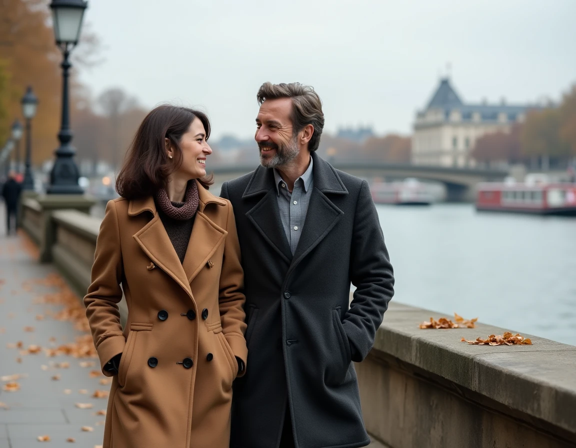 Un couple élégant se promenant le long des quais de la Seine à Paris en automne, illustrant une histoire d'amour durable et complice dans un cadre romantique emblématique