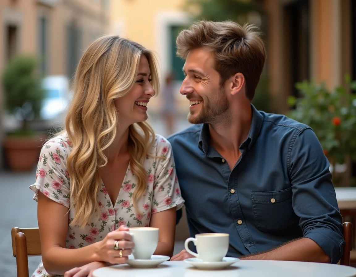 Couple souriant assis à une terrasse de café en plein air, ambiance romantique détendue dans une rue pavée européenne