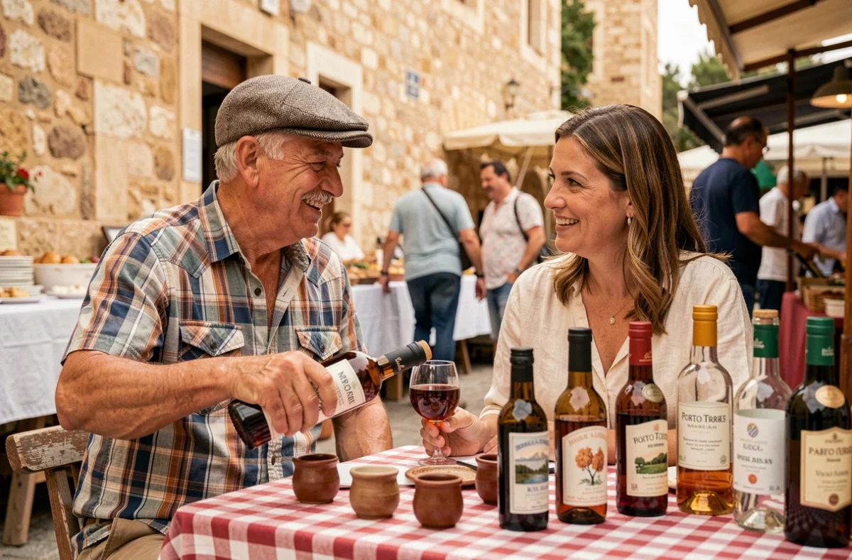 Producteur sarde faisant déguster du mirto artisanal à une visiteuse au marché de Porto Torres en Sardaigne