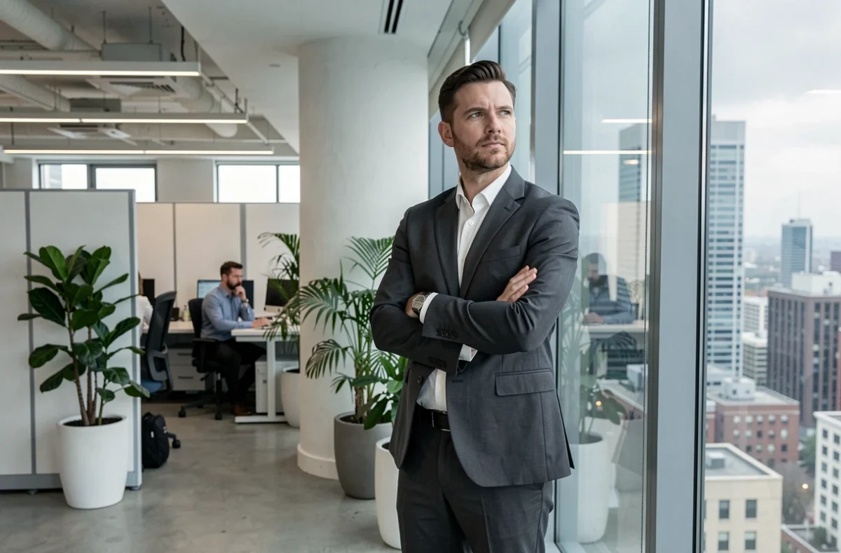 Entrepreneur masculin en costume regardant la ville depuis un bureau moderne avec baie vitrée