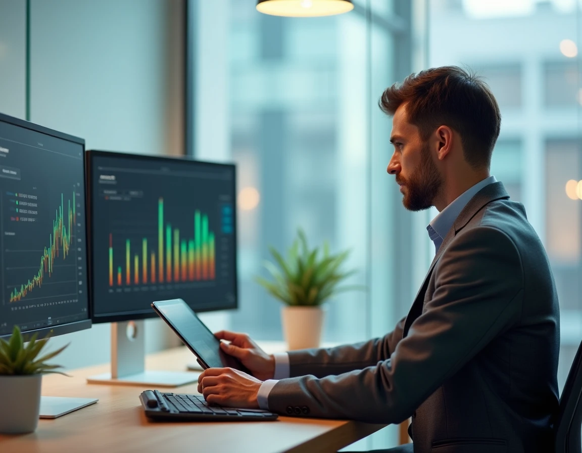 Entrepreneur analysant une stratégie de croissance sur une tablette numérique dans un bureau moderne avec vue sur la ville