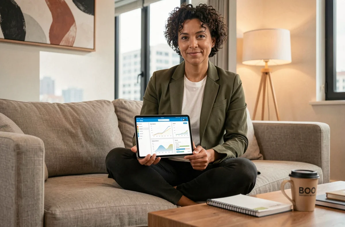 Entrepreneuse indépendante consultant ses statistiques e-commerce sur tablette depuis son salon pour développer ses revenus digitaux