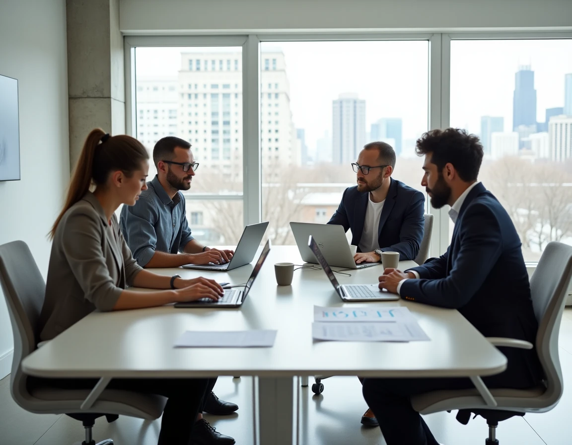 Équipe professionnelle diverse collaborant autour d'une table de réunion moderne avec des outils numériques pour développer des services innovants