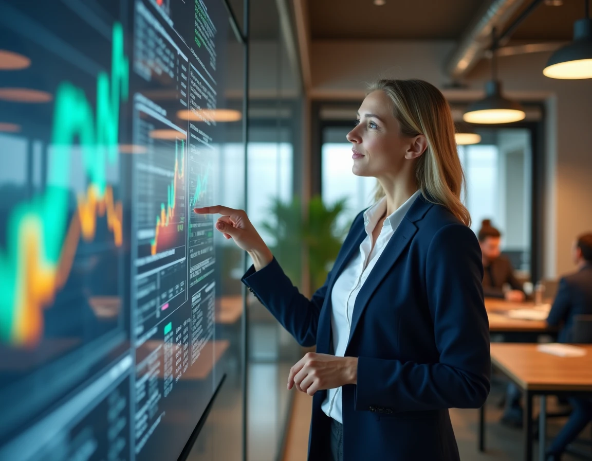 Femme d'affaires présentant des données analytiques sur un écran interactif dans un bureau moderne pour stimuler la croissance de l'entreprise