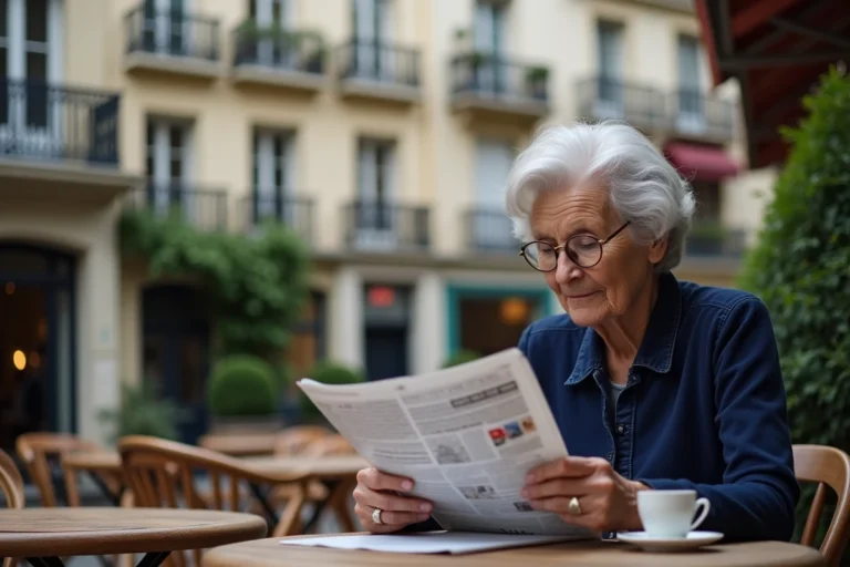 Femme âgée française lisant un journal en terrasse à Paris, illustrant le vieillissement de la population en France
