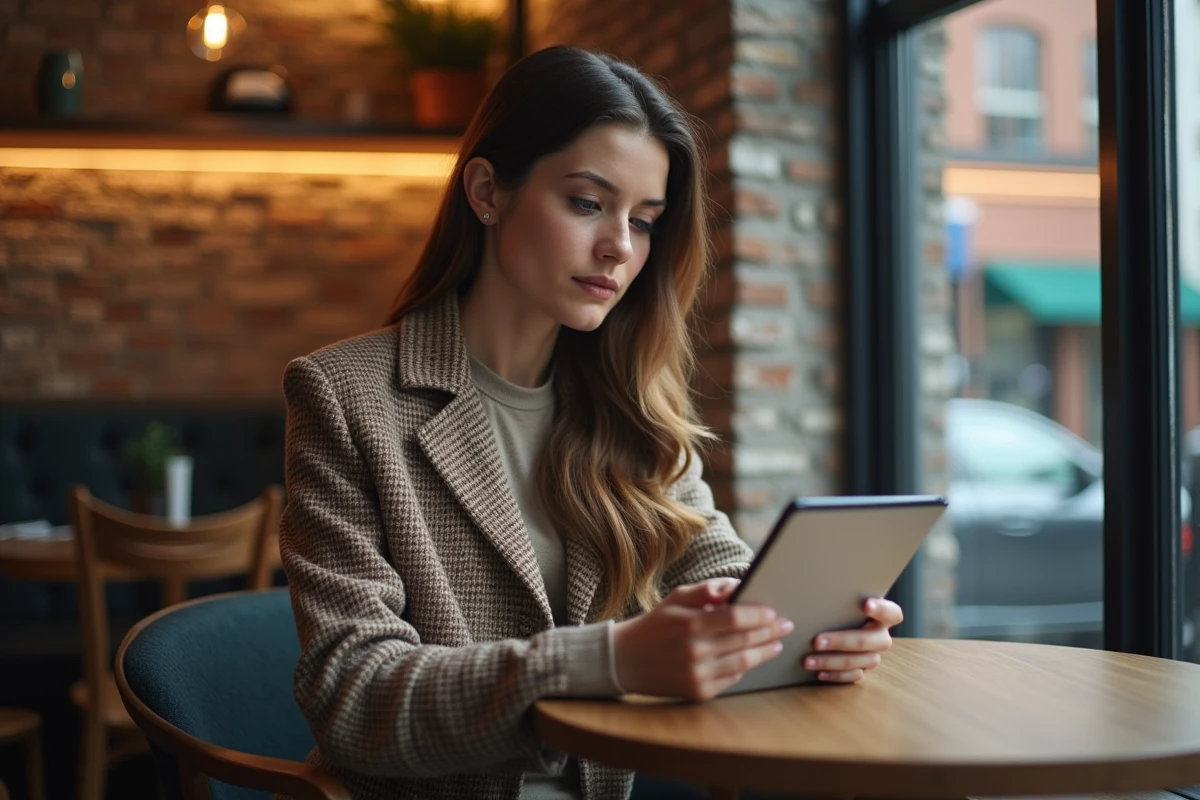 Jeune femme analysant des données marketing dans un café