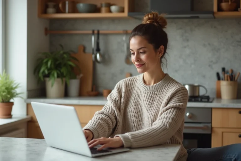 Femme assise à une table de cuisine moderne avec ordinateur portable