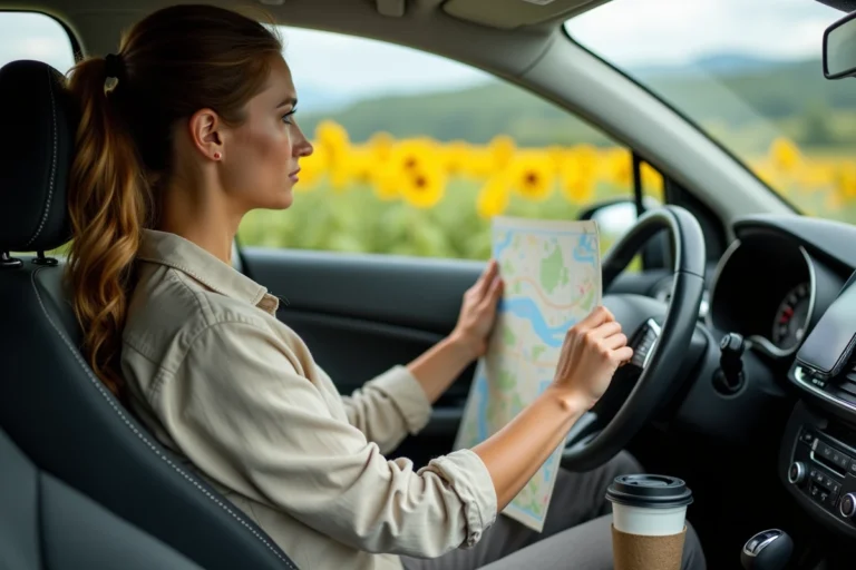 Femme consultant une carte routière dans une voiture lors d'un road trip en France avec vue sur des champs de tournesols