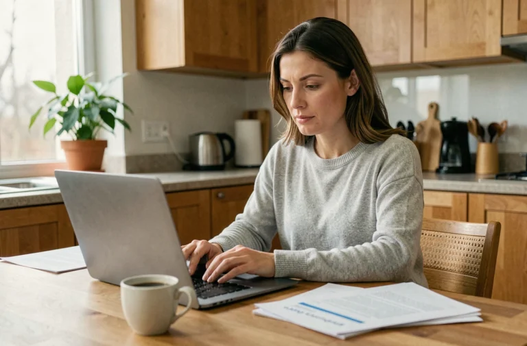 Femme consultant un crédit en ligne sur son ordinateur portable dans une cuisine moderne