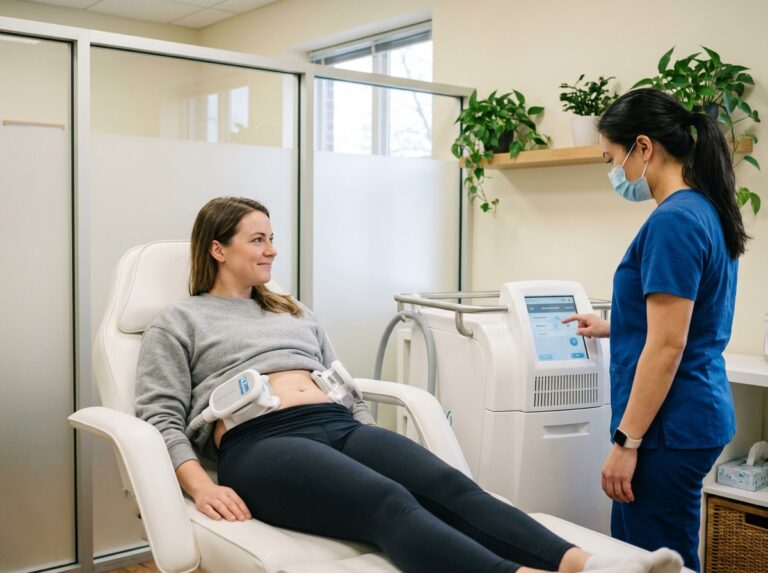 Femme relaxee lors d'une session de cryolipolise en clinique moderne