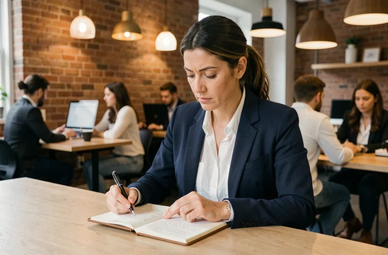 Femme entrepreneuse concentrée prenant des notes dans un espace de coworking moderne