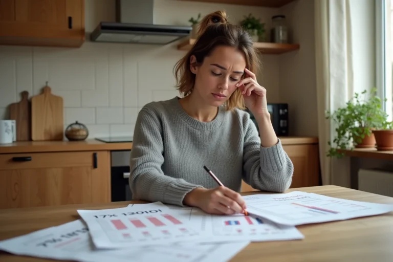 Femme qui gère son budget personnel sur papier à la table de cuisine avec des feuilles de calcul et des notes manuscrites