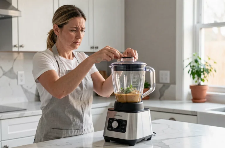 Femme inspectant un blender Moulinex Easy Soup sur un plan de travail en marbre dans une cuisine moderne