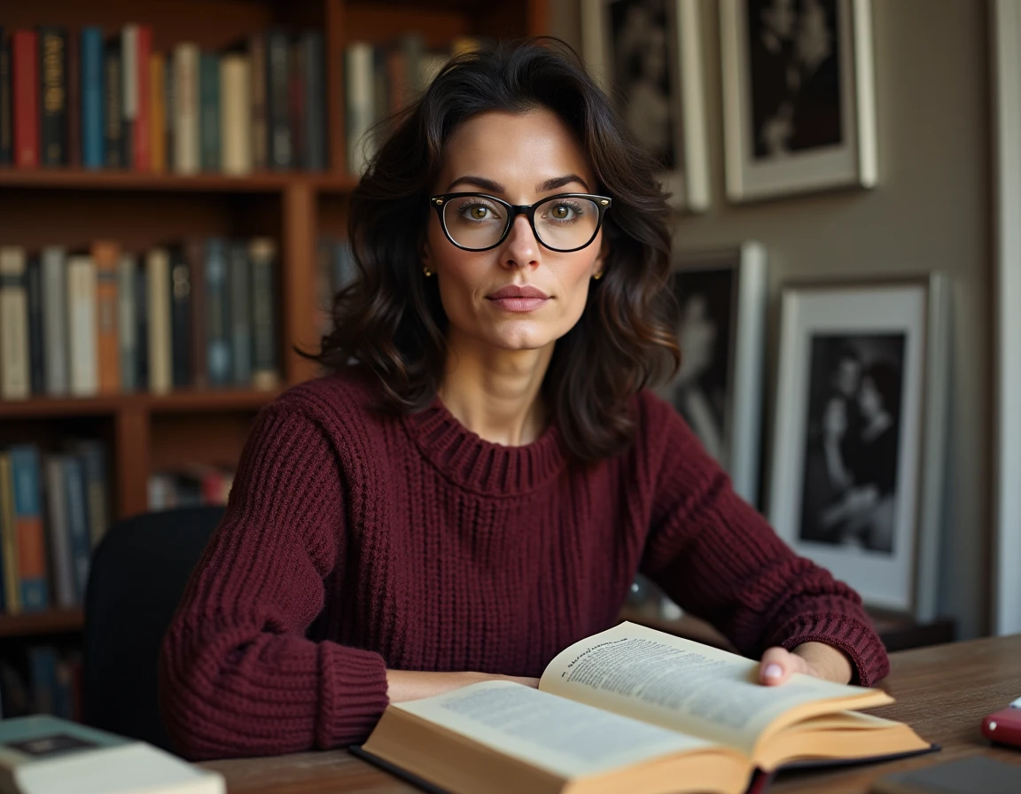 Une femme dans la quarantaine lisant une biographie à son bureau dans un appartement parisien, évoquant la découverte d'une histoire d'amour à travers la littérature