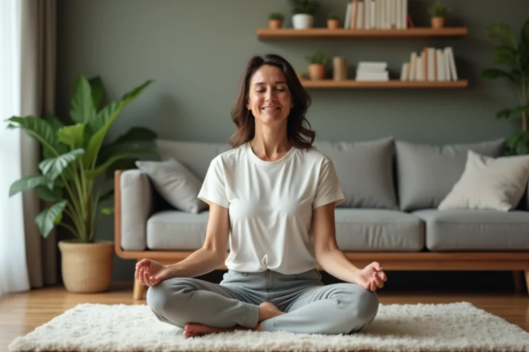 Femme méditant tranquillement dans un salon cosy