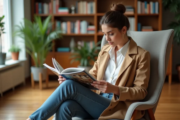 Femme élégante dans un appartement lumineux en trench camel