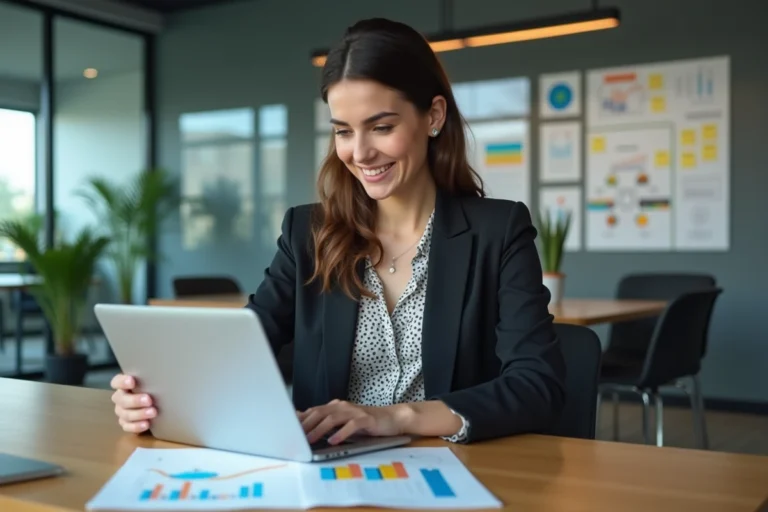 Femme professionnelle en réunion avec rapport digital marketing