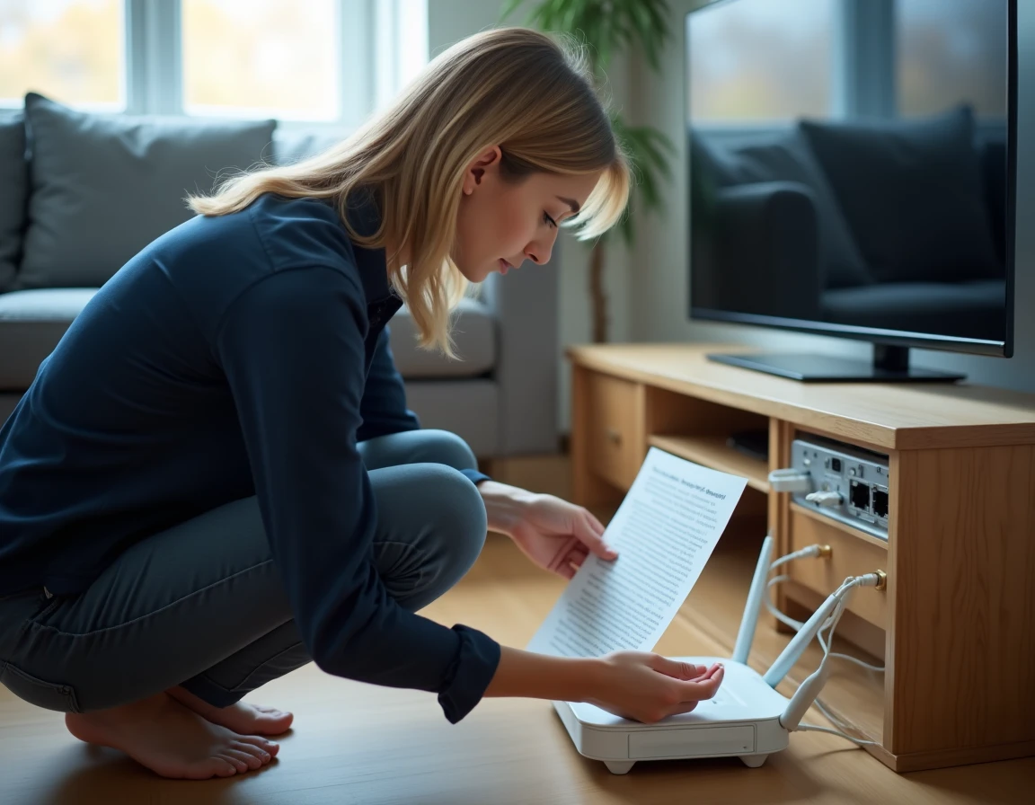 Femme vérifiant les câbles d'une box internet Orange pour résoudre une erreur de connexion S01-06
