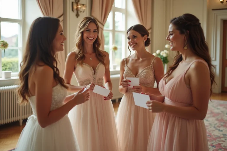 Quatre femmes en robes de mariée dans une salle de réception élégante