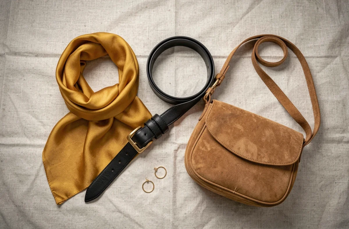 Flat-lay d'accessoires de mode féminins sur lin — foulard jaune moutarde, ceinture noire, boucles d'oreilles dorées et sac en daim camel