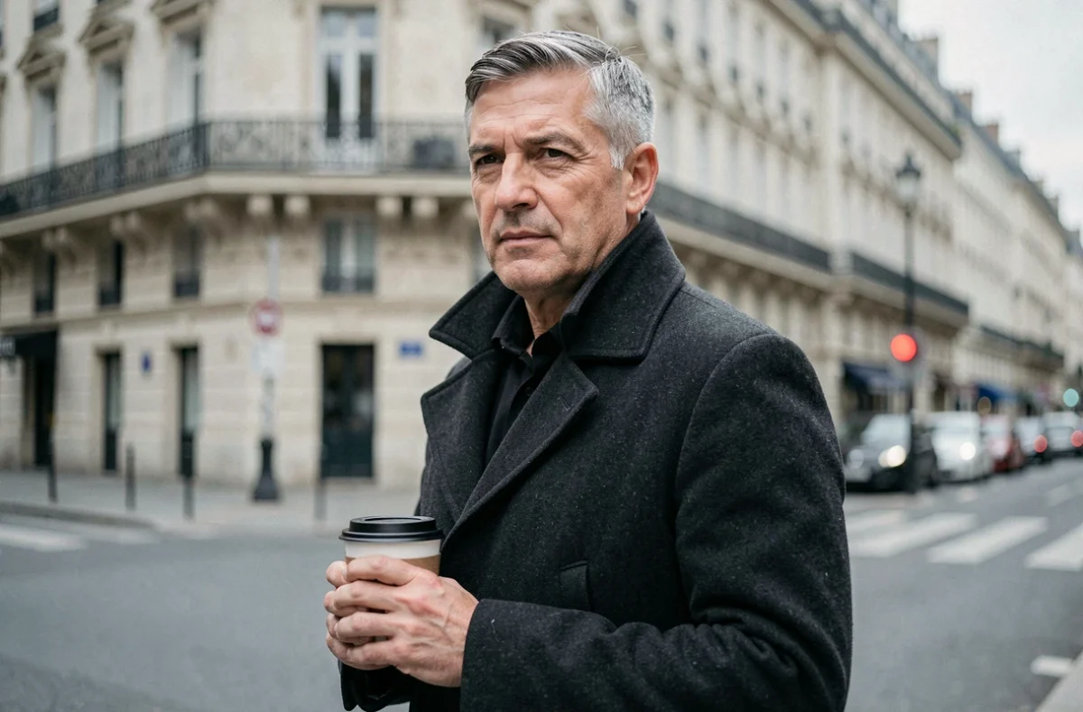 Homme d'une cinquantaine d'années aux cheveux poivre et sel marchant dans une rue parisienne avec des immeubles haussmanniens en arrière-plan flou