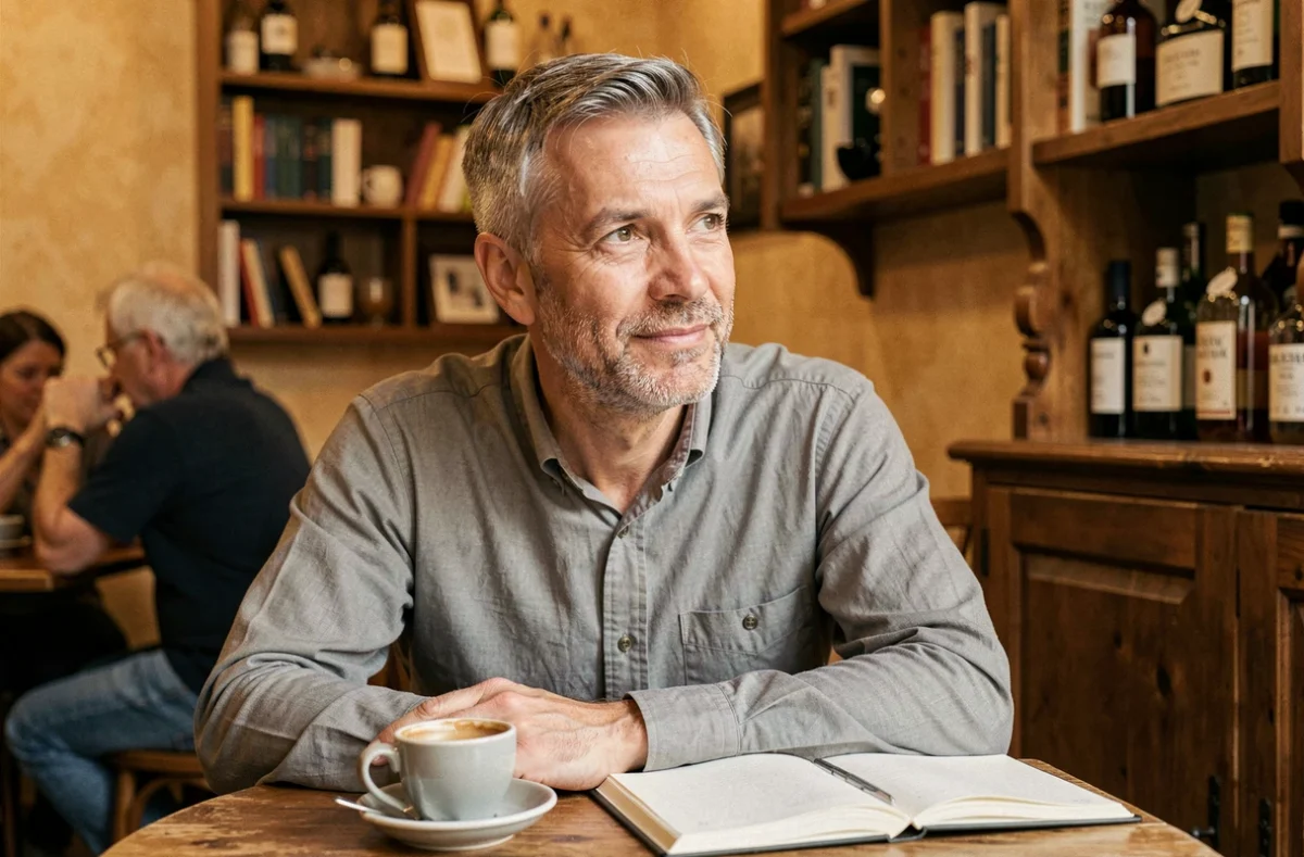 Homme aux cheveux grisonnants assis dans un café parisien avec un carnet ouvert et un expresso, regard pensif et atmosphère intime