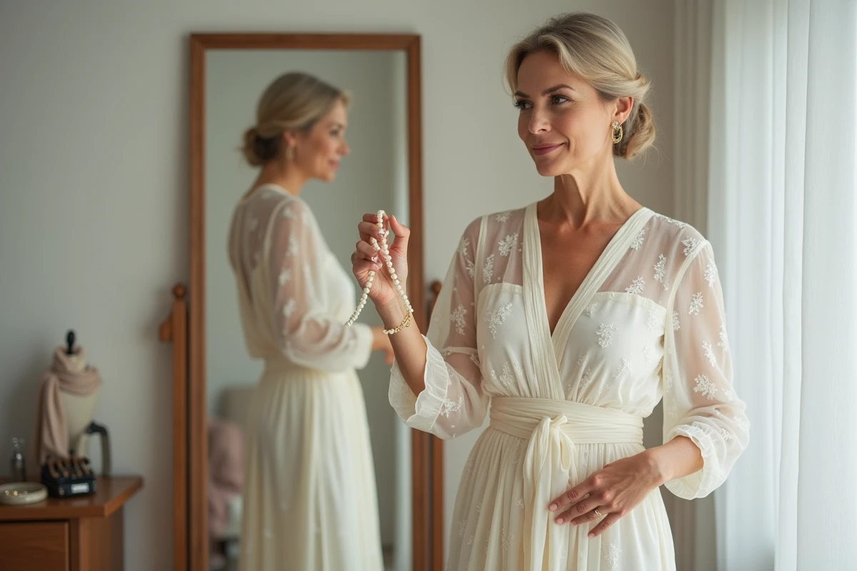Grand-mère essayant une robe ivoire en mousseline devant un miroir pour choisir sa tenue de baptême