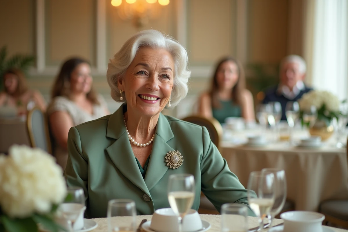 Grand-mère en tailleur vert sauge élégant assise à une table de réception de baptême décorée de fleurs blanches