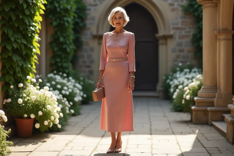 Grand-mère élégante en robe rose poudré avec dentelle lors d'un baptême dans une cour d'église fleurie