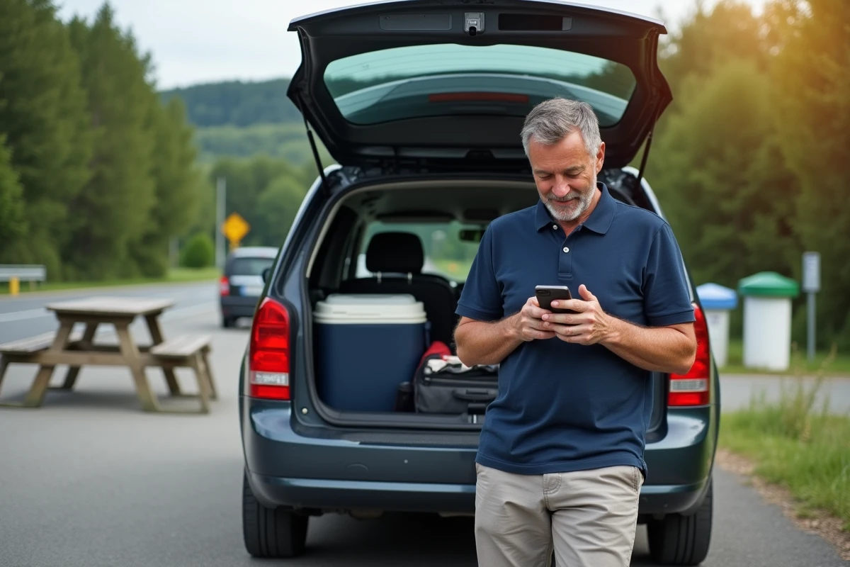 Homme consultant une application de navigation sur smartphone lors d'une pause dans une aire d'autoroute en France