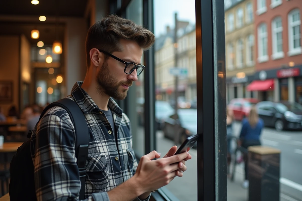 Homme vérifiant une commande sur son smartphone dans un café urbain